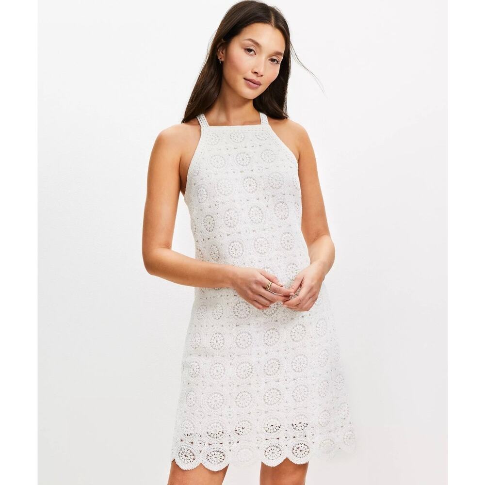 Loft NWT Halter Mini Dress White Crochet Lace Lined Zip Back Summer Vacation 12